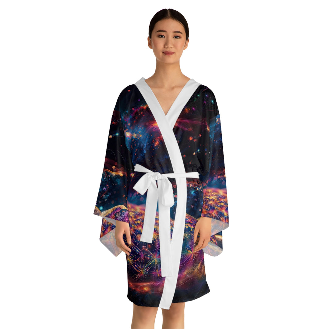 Cosmic Energy Tapestry - Long Sleeve Kimono Robe - All Over Prints - g(0D·IO) - XS - Black -