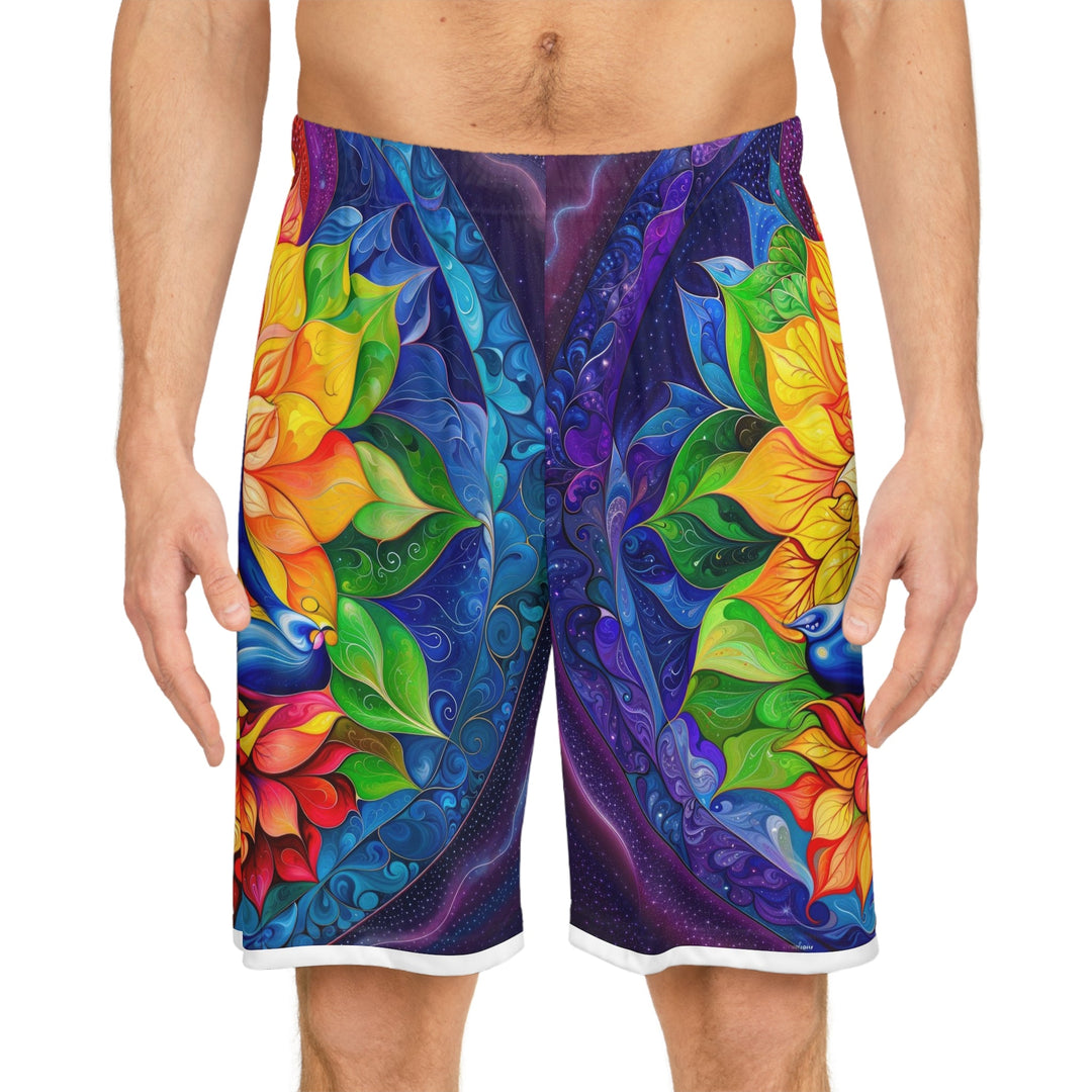 Cosmic Floral Meditation - AOP Basketball Shorts - All Over Prints - g(0D·IO) - Seam thread color automatically matched to design - XS -