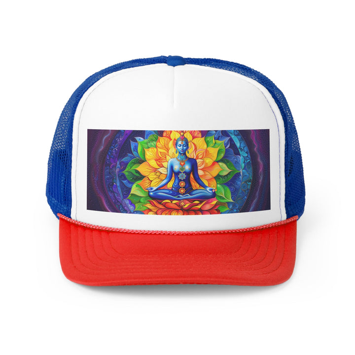 Cosmic Floral Meditation - Trucker Hat - Hats - g(0D·IO) - Blue/Red - One size -