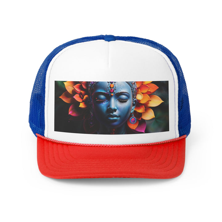 Cosmic Floral Serenity - Trucker Hat - Hats - g(0D·IO) - Blue/Red - One size -