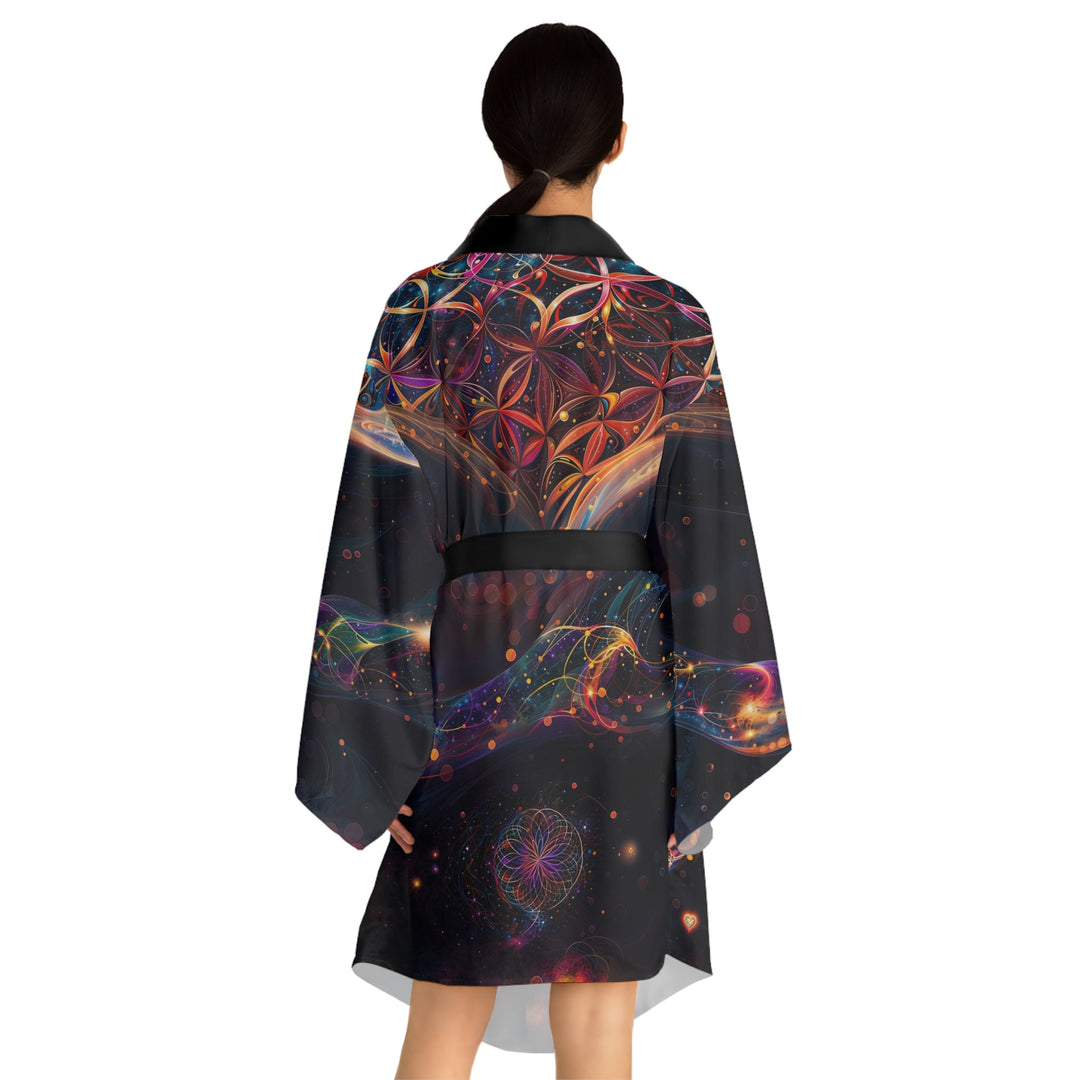 Cosmic Floral Whirls - Long Sleeve Kimono Robe - All Over Prints - g(0D·IO) - XS - Black -