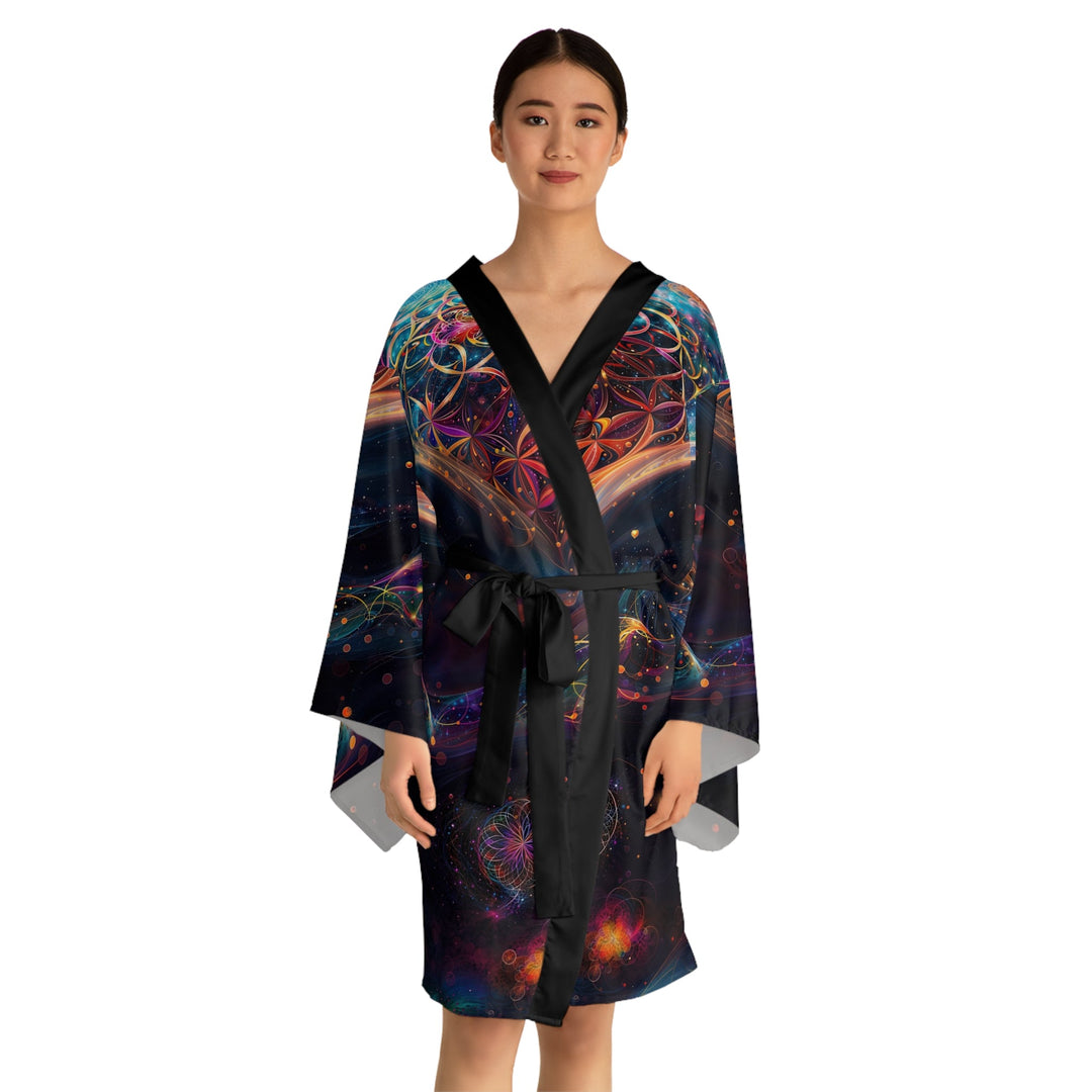 Cosmic Floral Whirls - Long Sleeve Kimono Robe - All Over Prints - g(0D·IO) - XS - Black -