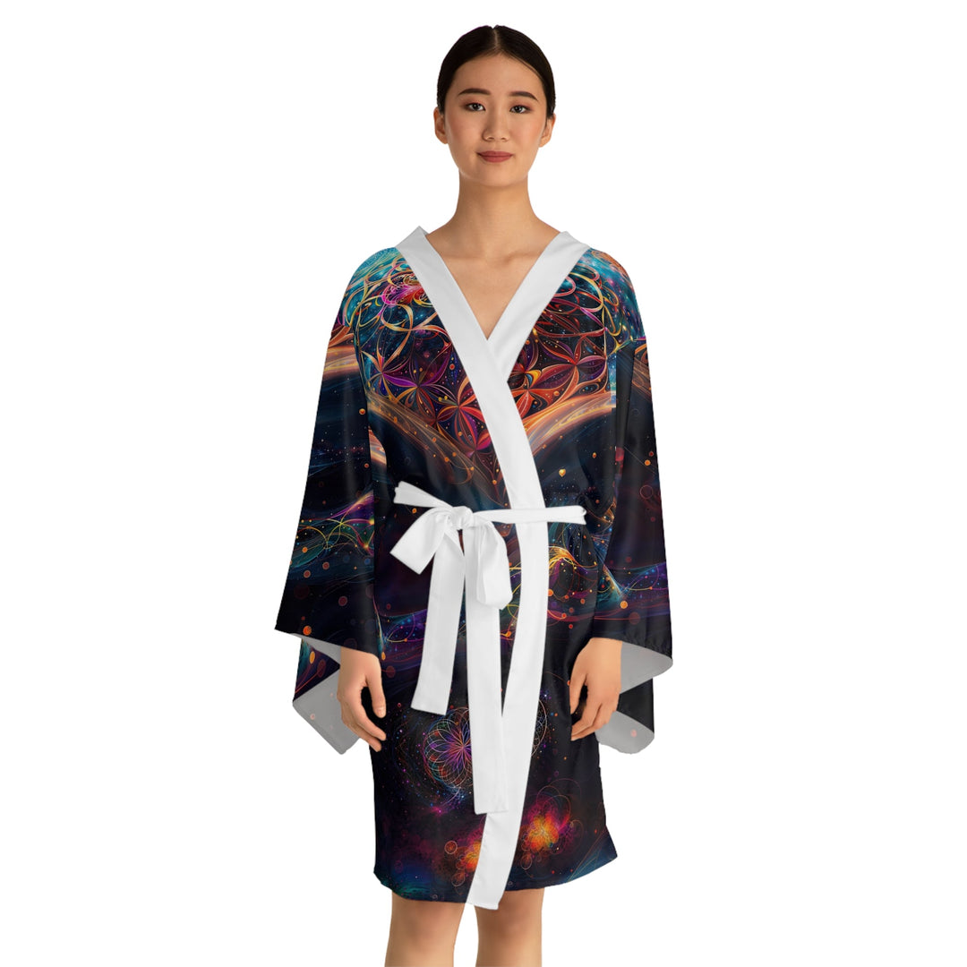 Cosmic Floral Whirls - Long Sleeve Kimono Robe - All Over Prints - g(0D·IO) - XS - Black -