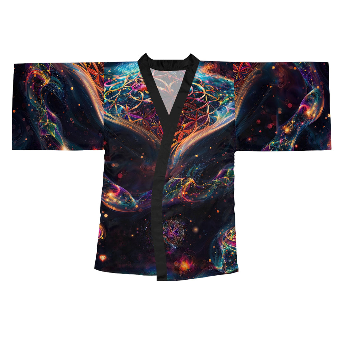 Cosmic Floral Whirls - Long Sleeve Kimono Robe - All Over Prints - g(0D·IO) - XS - Black -