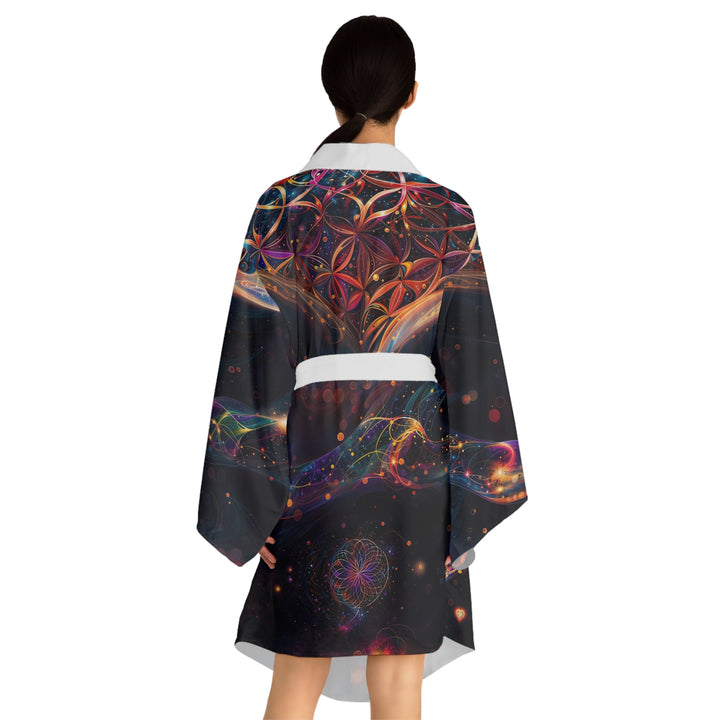 Cosmic Floral Whirls - Long Sleeve Kimono Robe - All Over Prints - g(0D·IO) - XS - Black -