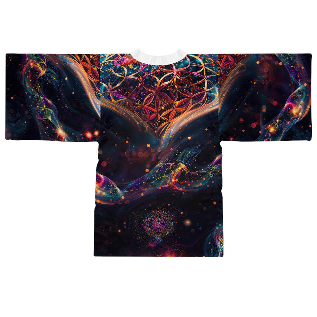 Cosmic Floral Whirls - Long Sleeve Kimono Robe - All Over Prints - g(0D·IO) - XS - Black -