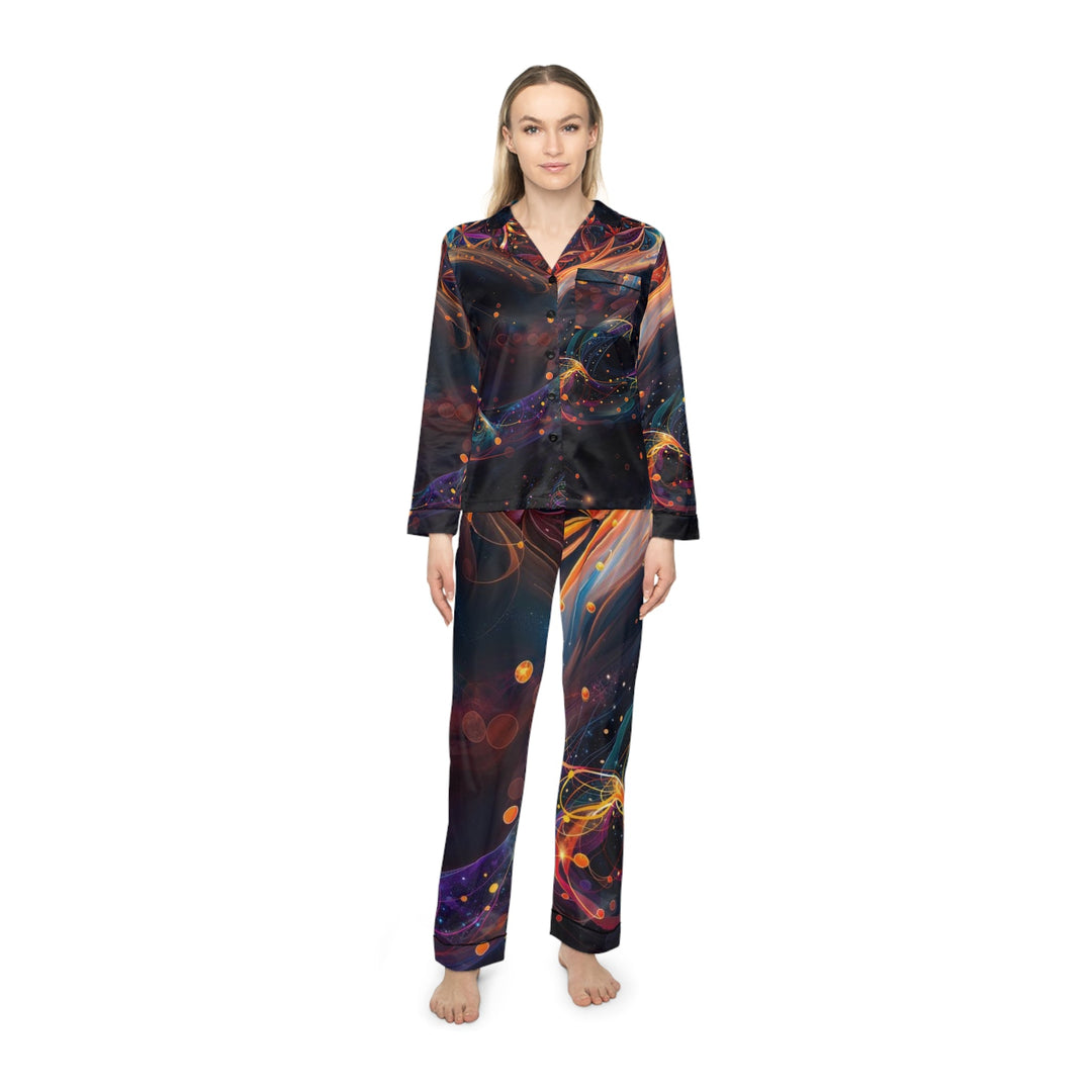 Cosmic Floral Whirls - Women's Satin Pajamas - All Over Prints - g(0D·IO) - XS/S - Black -