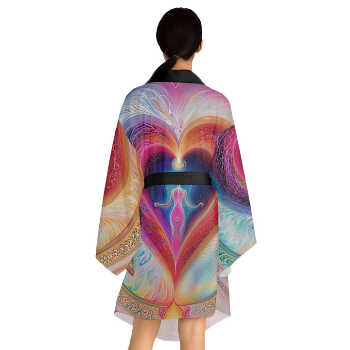 Cosmic Heart Embrace - Long Sleeve Kimono Robe - All Over Prints - g(0D·IO) - XS - Black -