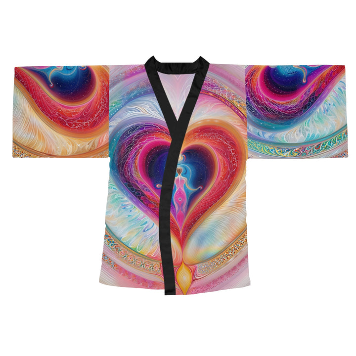 Cosmic Heart Embrace - Long Sleeve Kimono Robe - All Over Prints - g(0D·IO) - XS - Black -