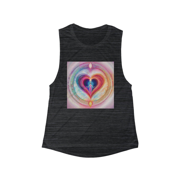 Cosmic Heart Embrace - Women's Flowy Scoop Muscle Tank - Tank Top - g(0D·IO) - S - Black Slub -