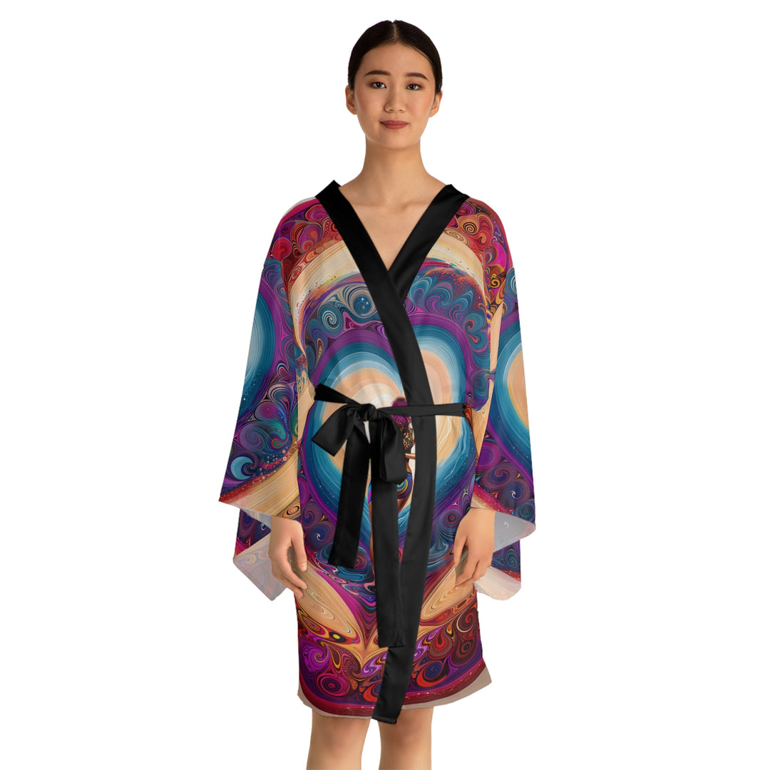 Cosmic Heart Vortex - Long Sleeve Kimono Robe - All Over Prints - g(0D·IO) - XS - Black -