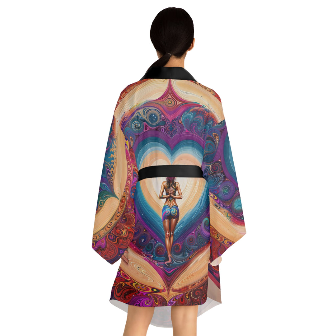 Cosmic Heart Vortex - Long Sleeve Kimono Robe - All Over Prints - g(0D·IO) - XS - Black -