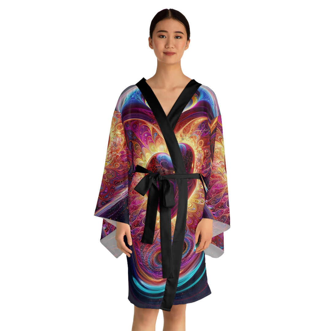 Cosmic Love Spiral - Long Sleeve Kimono Robe - All Over Prints - g(0D·IO) - XS - Black -