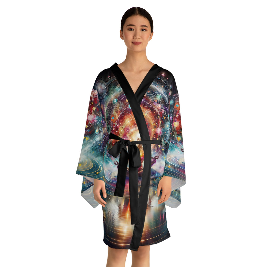 Cosmic Meditation Harmony - Long Sleeve Kimono Robe - All Over Prints - g(0D·IO) - XS - Black -