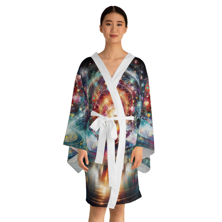 Cosmic Meditation Harmony - Long Sleeve Kimono Robe - All Over Prints - g(0D·IO) - XS - Black -