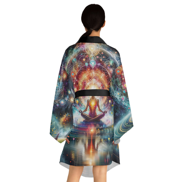 Cosmic Meditation Harmony - Long Sleeve Kimono Robe - All Over Prints - g(0D·IO) - XS - Black -