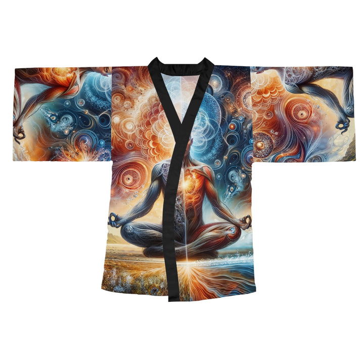 Cosmic Meditation Harmony - Long Sleeve Kimono Robe - All Over Prints - g(0D·IO) - XS - Black -