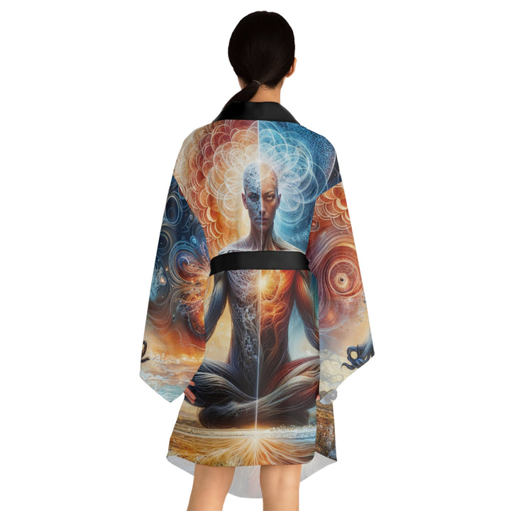 Cosmic Meditation Harmony - Long Sleeve Kimono Robe - All Over Prints - g(0D·IO) - XS - Black -