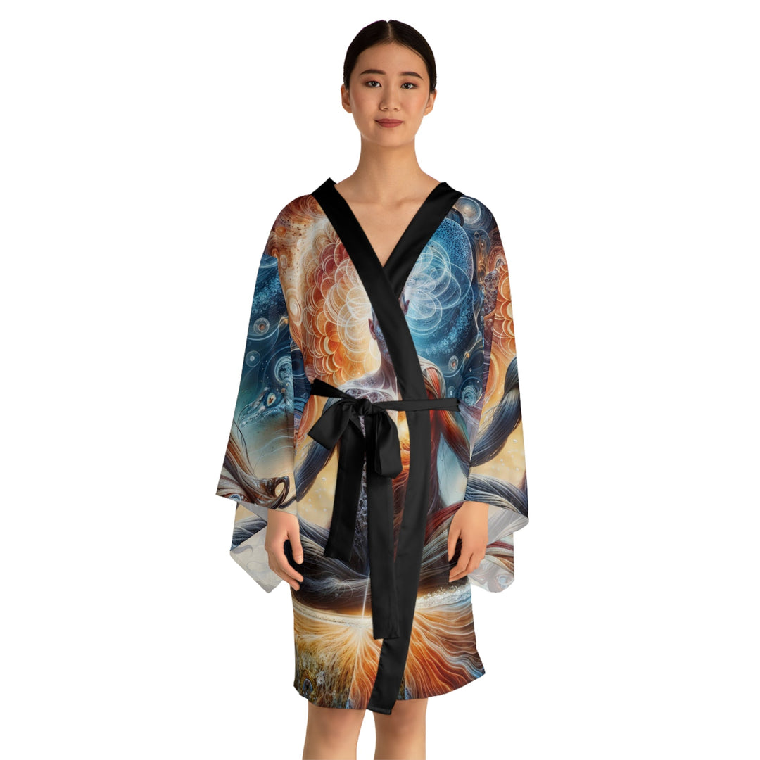 Cosmic Meditation Harmony - Long Sleeve Kimono Robe - All Over Prints - g(0D·IO) - XS - Black -