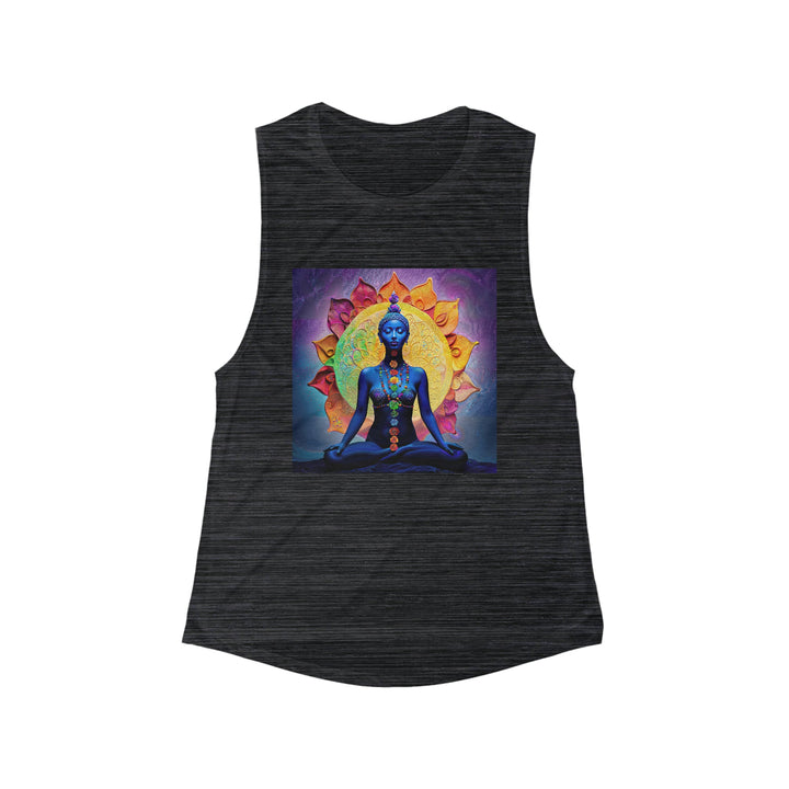 Cosmic Meditative Bloom - Women's Flowy Scoop Muscle Tank - Tank Top - g(0D·IO) - S - Black Slub -