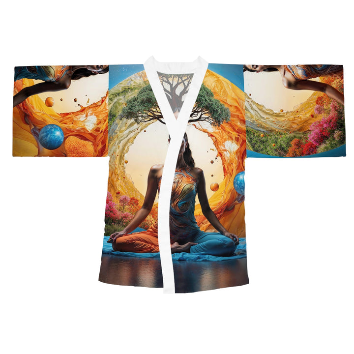 Cosmic Nature Meditation - Long Sleeve Kimono Robe - All Over Prints - g(0D·IO) - XS - White -