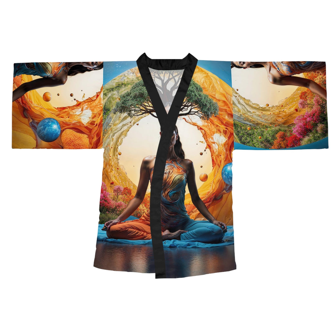 Cosmic Nature Meditation - Long Sleeve Kimono Robe - All Over Prints - g(0D·IO) - XS - Black -