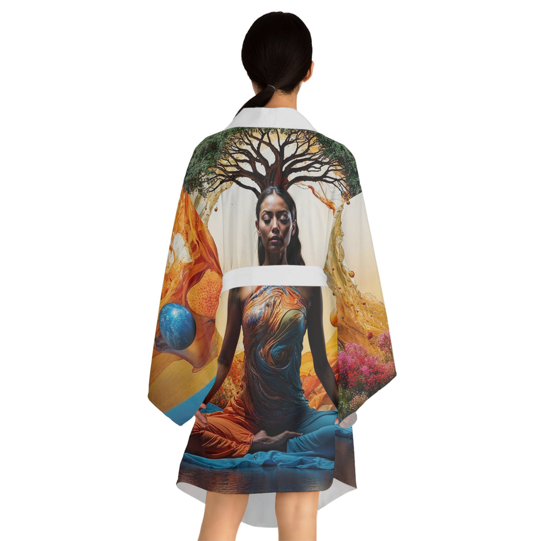 Cosmic Nature Meditation - Long Sleeve Kimono Robe - All Over Prints - g(0D·IO) - XS - Black -