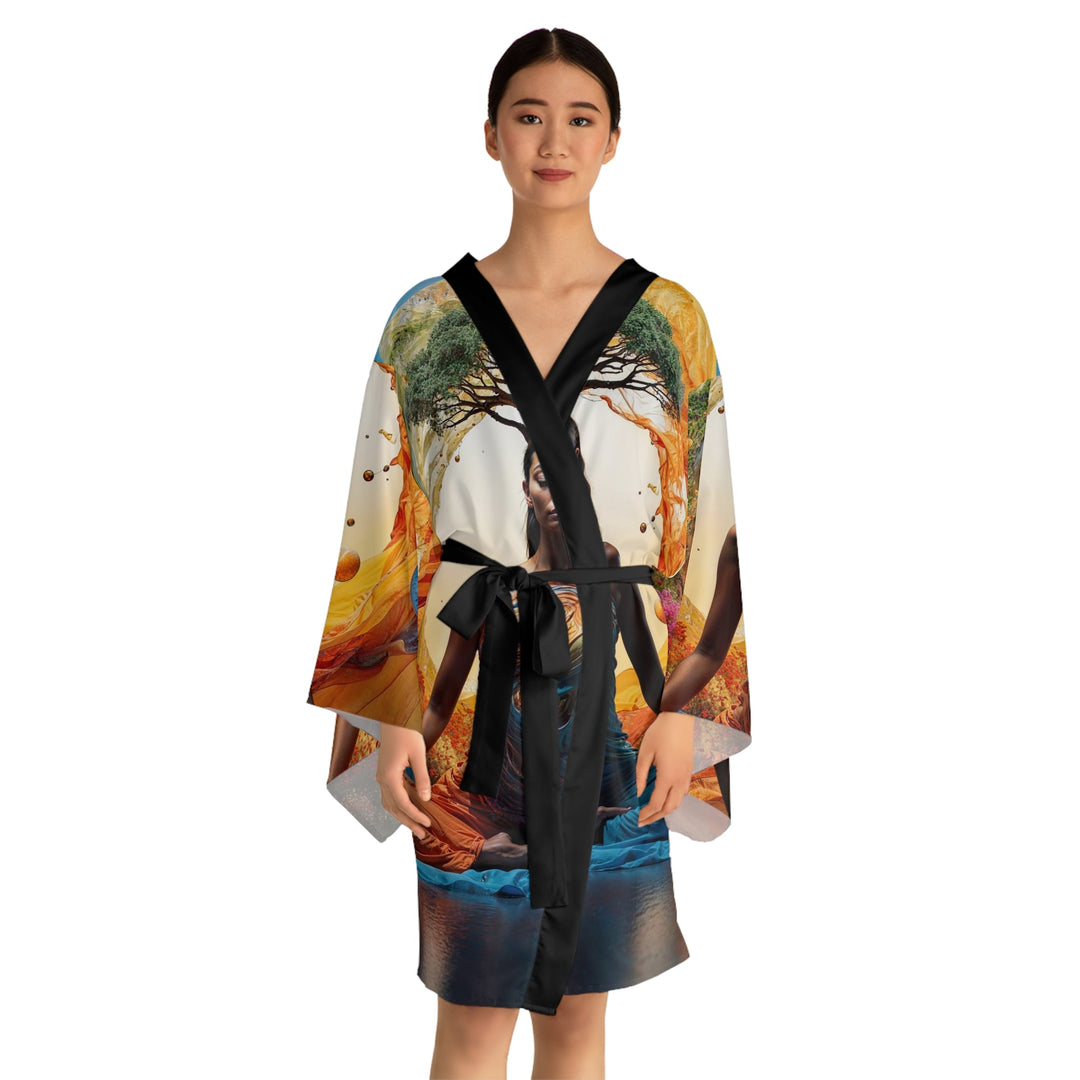 Cosmic Nature Meditation - Long Sleeve Kimono Robe - All Over Prints - g(0D·IO) - XS - Black -