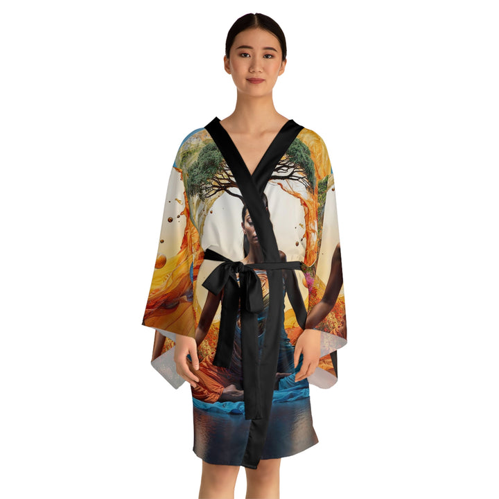 Cosmic Nature Meditation - Long Sleeve Kimono Robe - All Over Prints - g(0D·IO) - XS - Black -