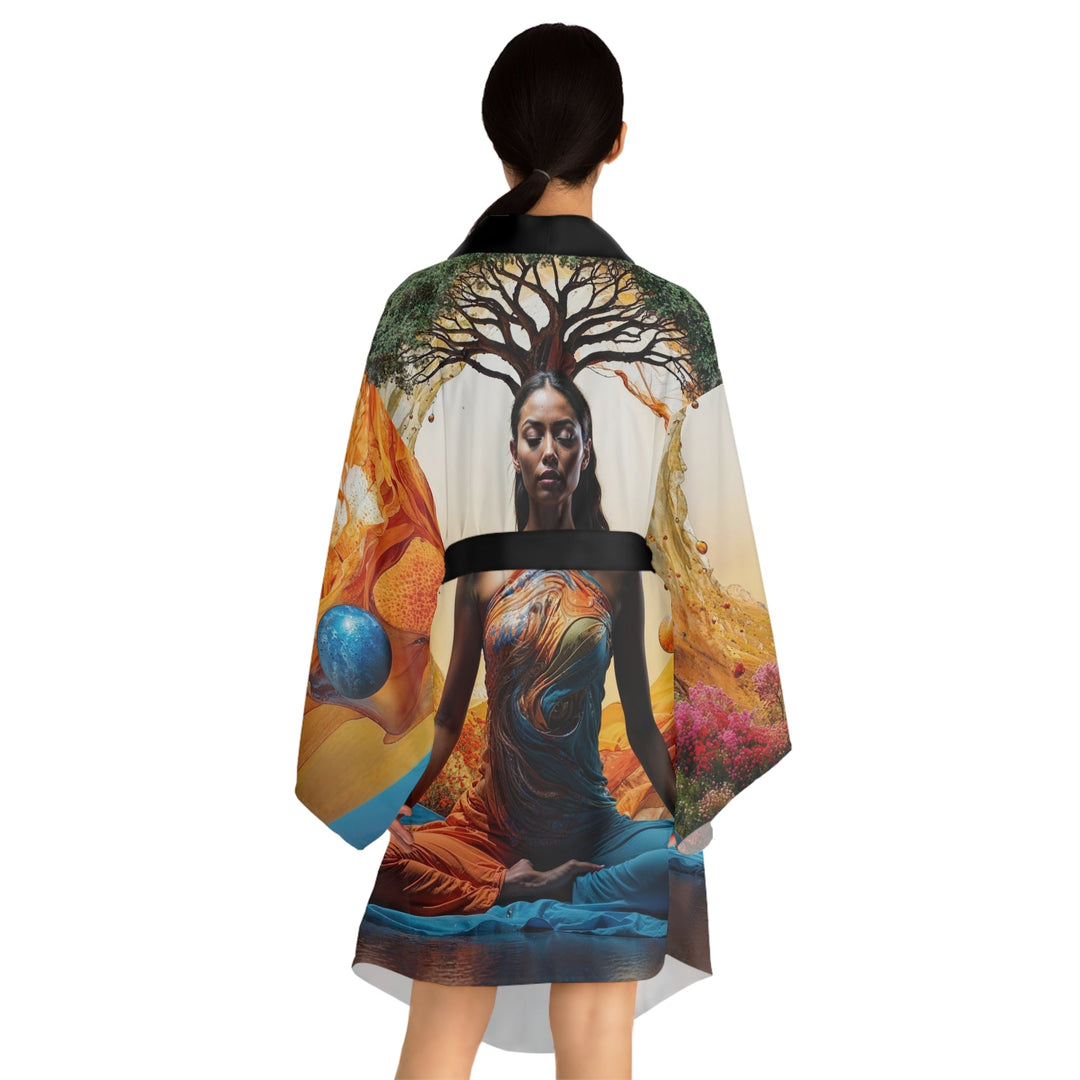 Cosmic Nature Meditation - Long Sleeve Kimono Robe - All Over Prints - g(0D·IO) - XS - Black -