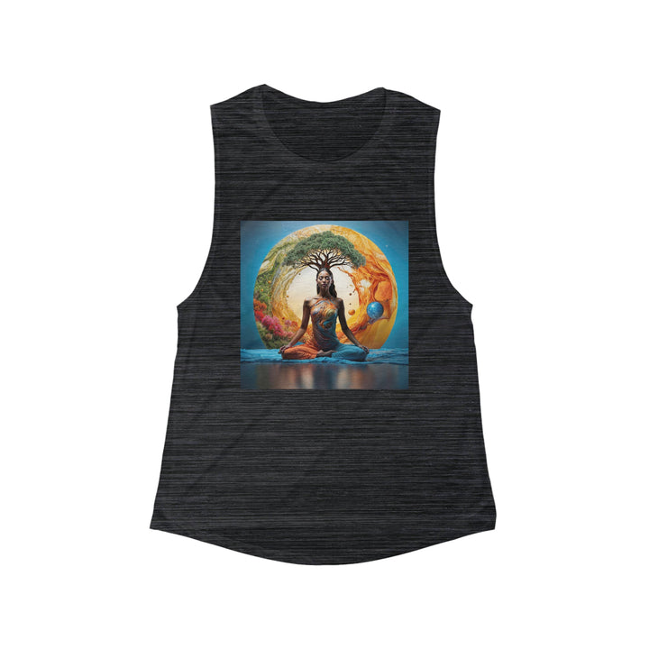 Cosmic Nature Meditation - Women's Flowy Scoop Muscle Tank - Tank Top - g(0D·IO) - S - Black Slub -