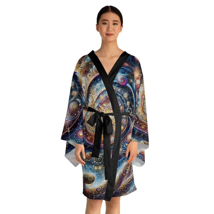 Cosmic Spiral Dreams - Long Sleeve Kimono Robe - All Over Prints - g(0D·IO) - XS - Black -