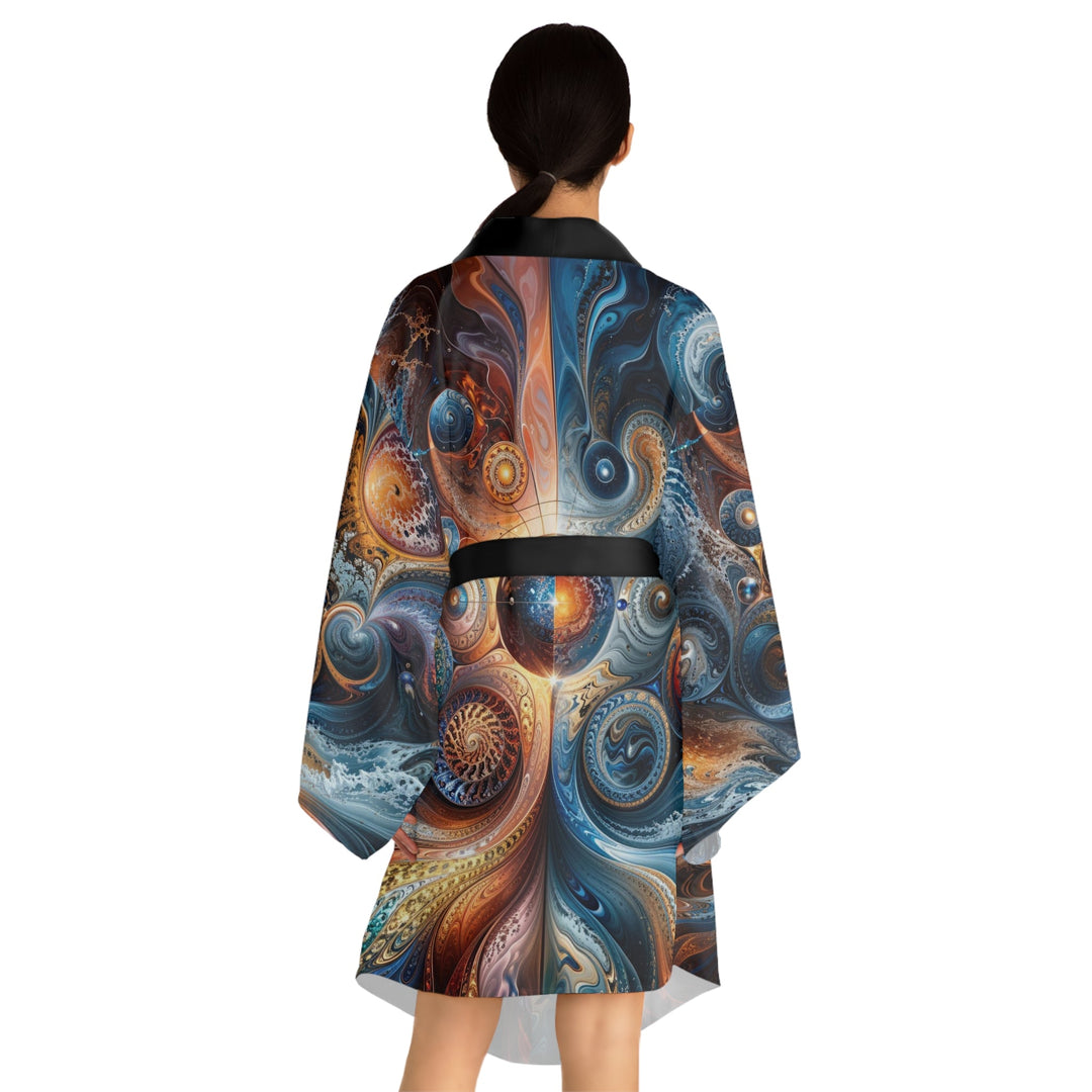 Cosmic Swirl Harmony - Long Sleeve Kimono Robe - All Over Prints - g(0D·IO) - XS - Black -