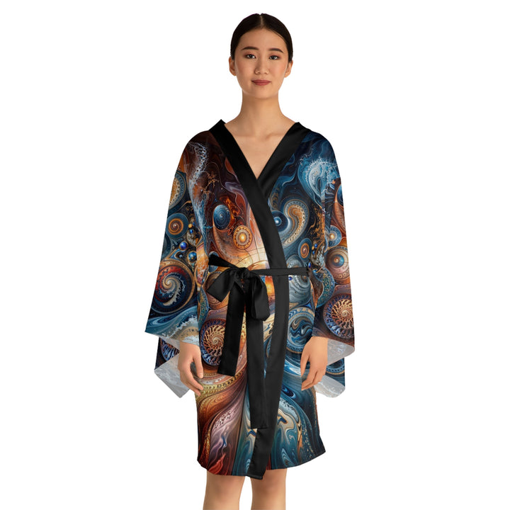 Cosmic Swirl Harmony - Long Sleeve Kimono Robe - All Over Prints - g(0D·IO) - XS - Black -