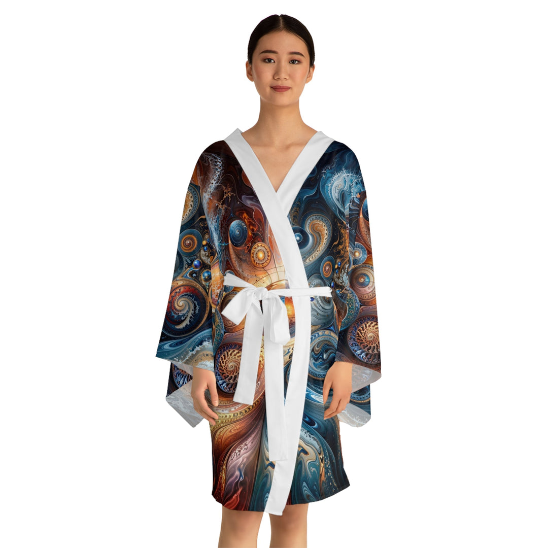 Cosmic Swirl Harmony - Long Sleeve Kimono Robe - All Over Prints - g(0D·IO) - XS - Black -