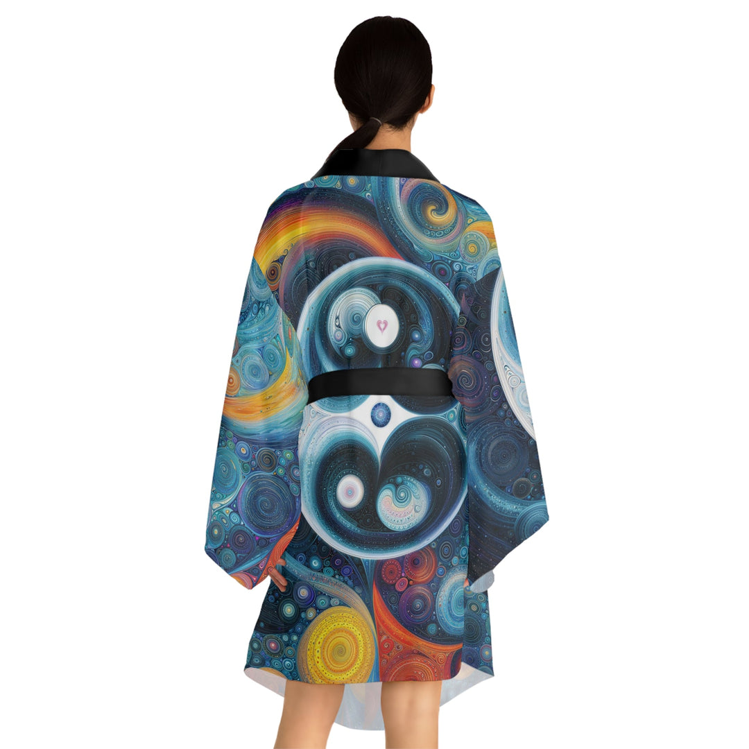 Cosmic Swirl Harmony - Long Sleeve Kimono Robe - All Over Prints - g(0D·IO) - XS - Black -