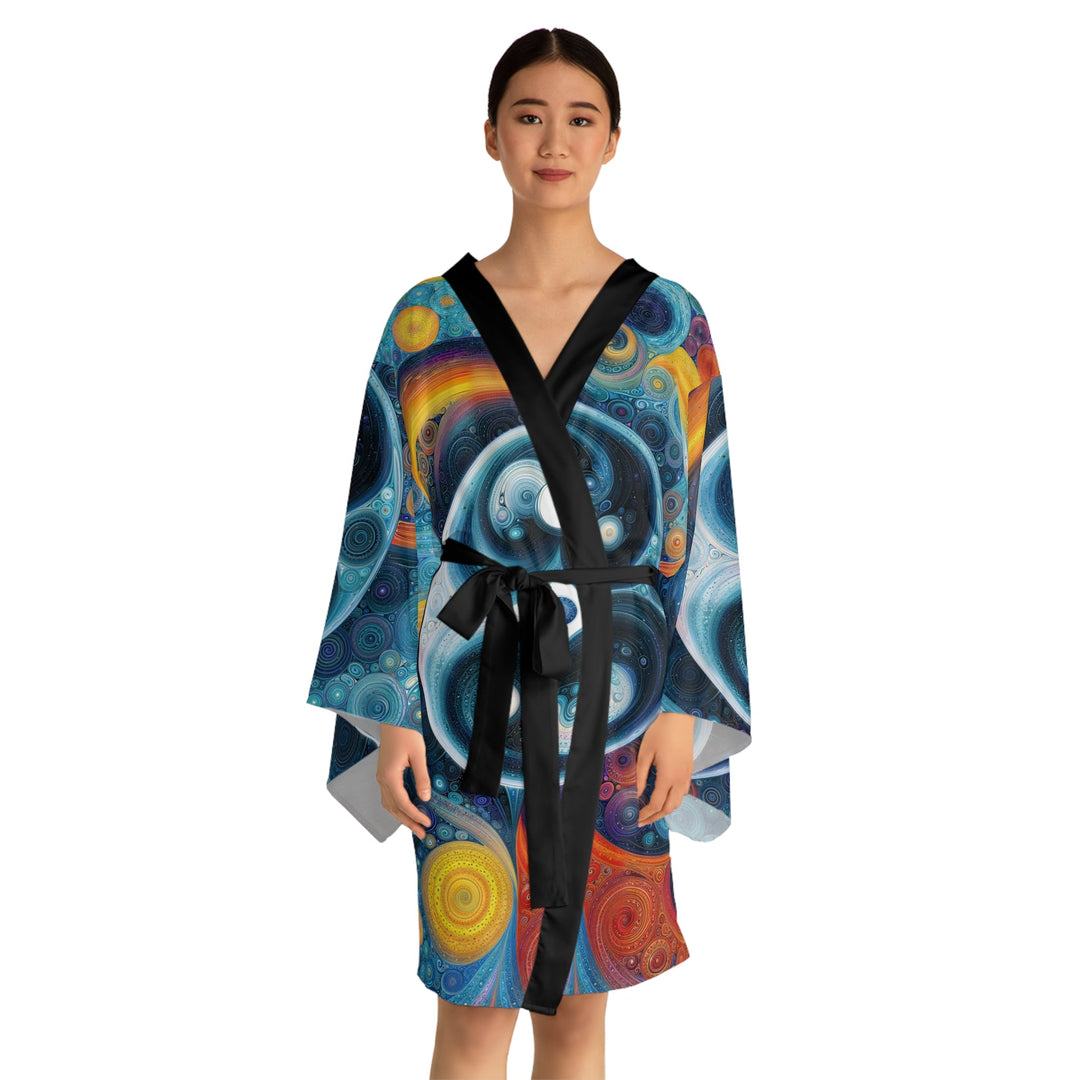 Cosmic Swirl Harmony - Long Sleeve Kimono Robe - All Over Prints - g(0D·IO) - XS - Black -