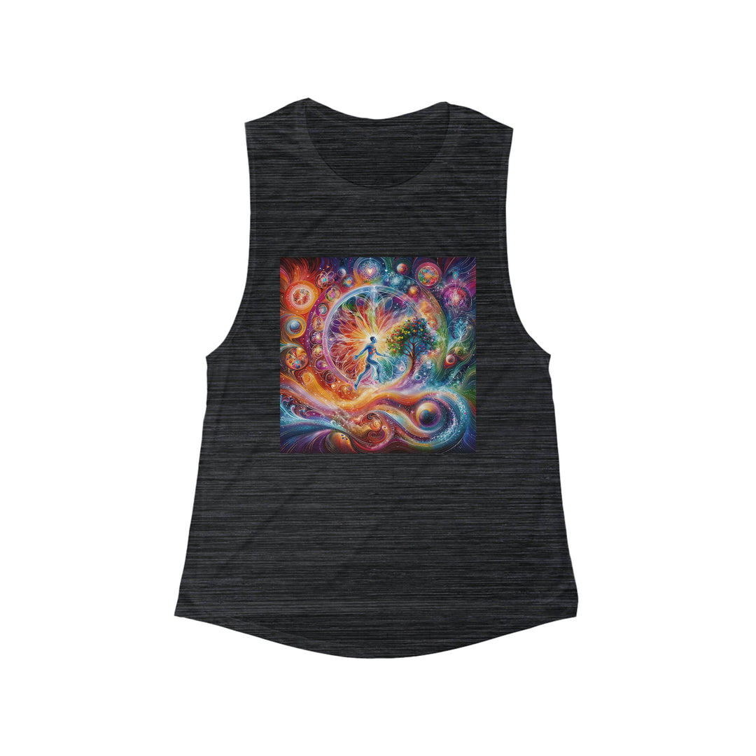 Cosmic Vibrant Energy - Women's Flowy Scoop Muscle Tank - Tank Top - g(0D·IO) - S - Black Slub -