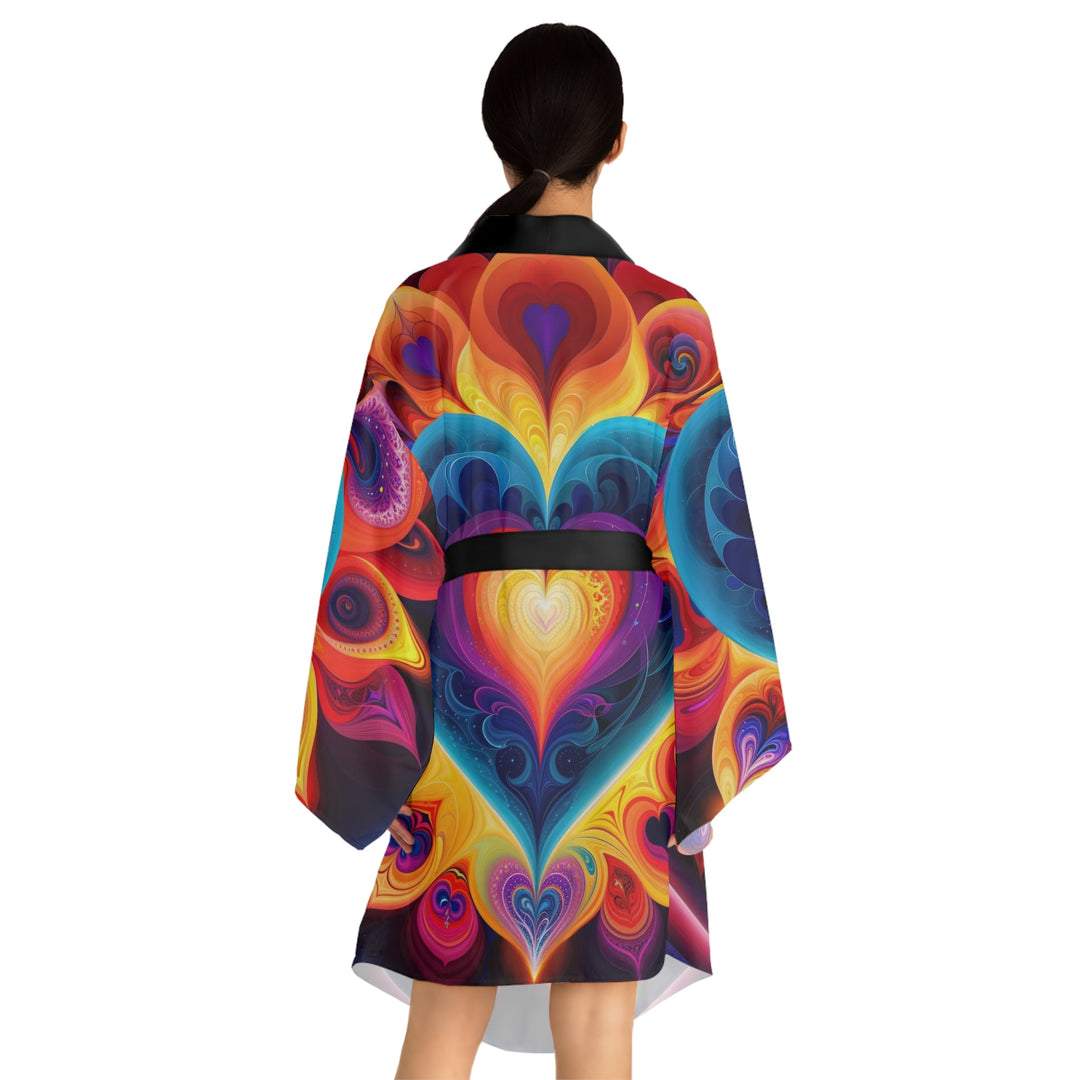 Cosmic Vibrant Heart - Long Sleeve Kimono Robe - All Over Prints - g(0D·IO) - XS - Black -