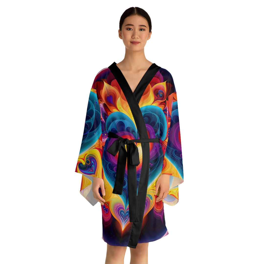 Cosmic Vibrant Heart - Long Sleeve Kimono Robe - All Over Prints - g(0D·IO) - XS - Black -