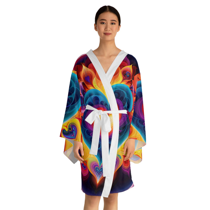 Cosmic Vibrant Heart - Long Sleeve Kimono Robe - All Over Prints - g(0D·IO) - XS - Black -