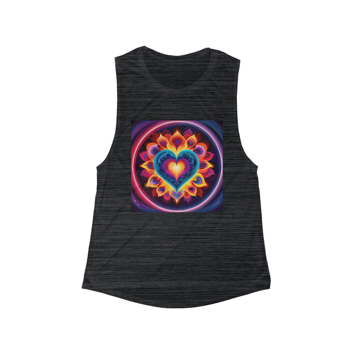 Cosmic Vibrant Heart - Women's Flowy Scoop Muscle Tank - Tank Top - g(0D·IO) - S - Black Slub -