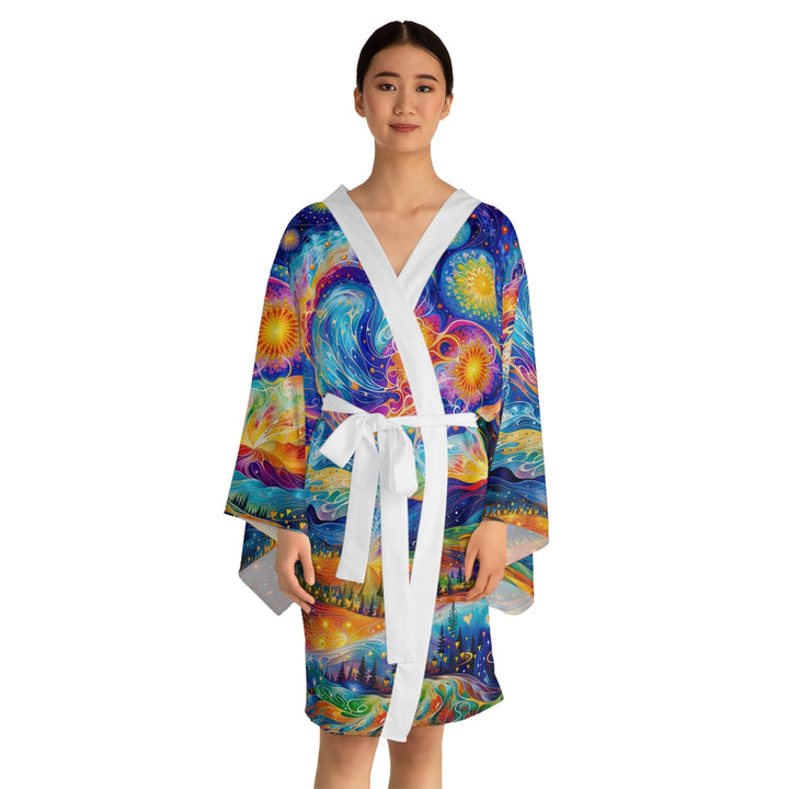 Cosmic Vibrant Landscape - Long Sleeve Kimono Robe - All Over Prints - g(0D·IO) - XS - Black -