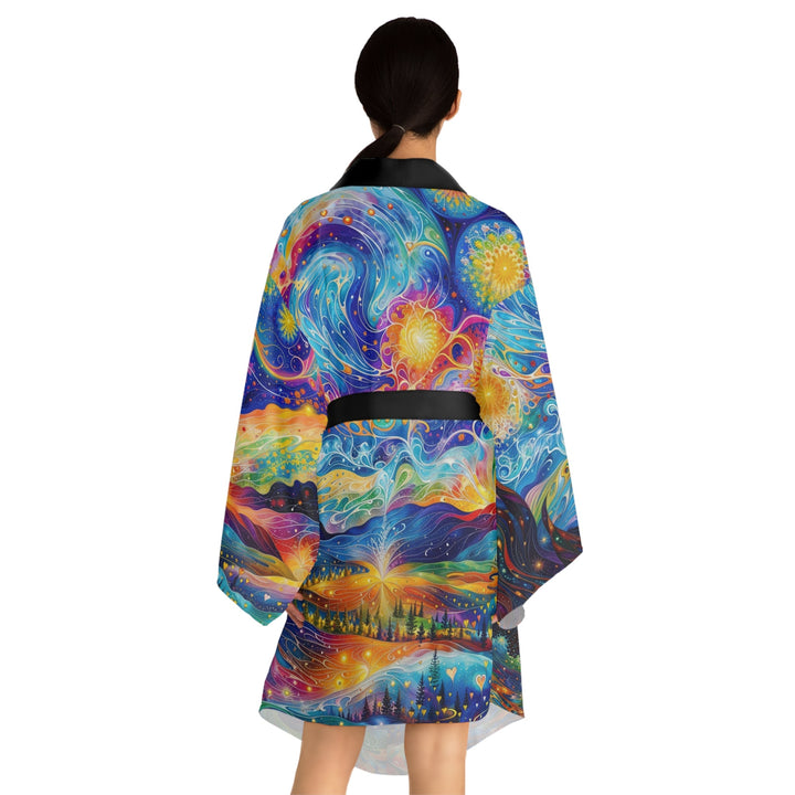 Cosmic Vibrant Landscape - Long Sleeve Kimono Robe - All Over Prints - g(0D·IO) - XS - Black -