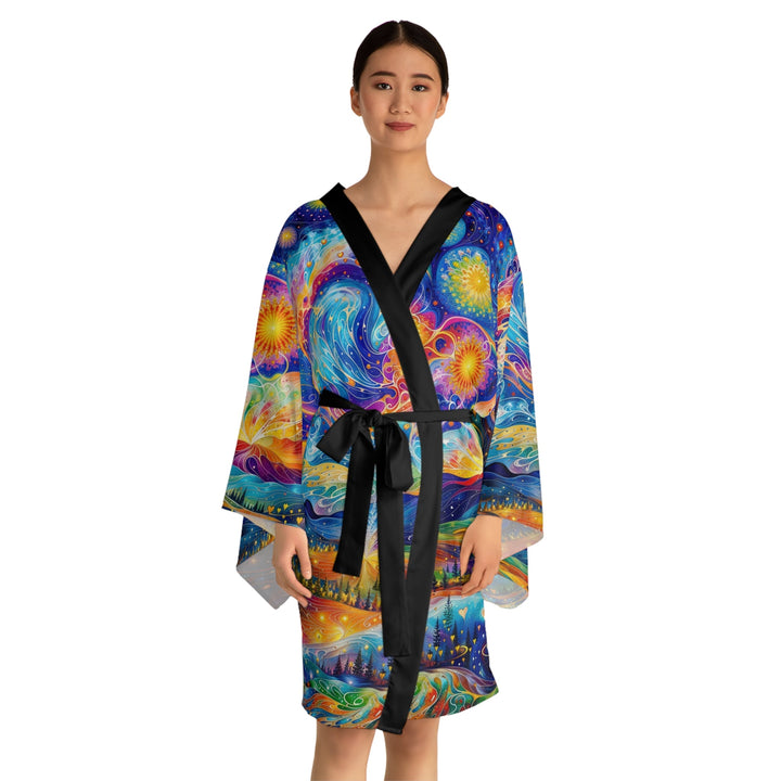 Cosmic Vibrant Landscape - Long Sleeve Kimono Robe - All Over Prints - g(0D·IO) - XS - Black -