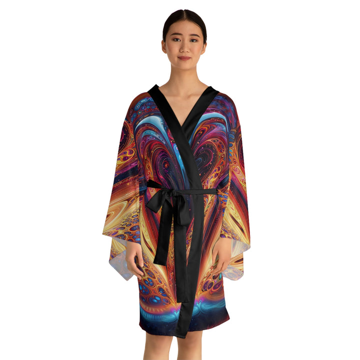 Cosmic Vibrant Swirls - Long Sleeve Kimono Robe - All Over Prints - g(0D·IO) - XS - Black -