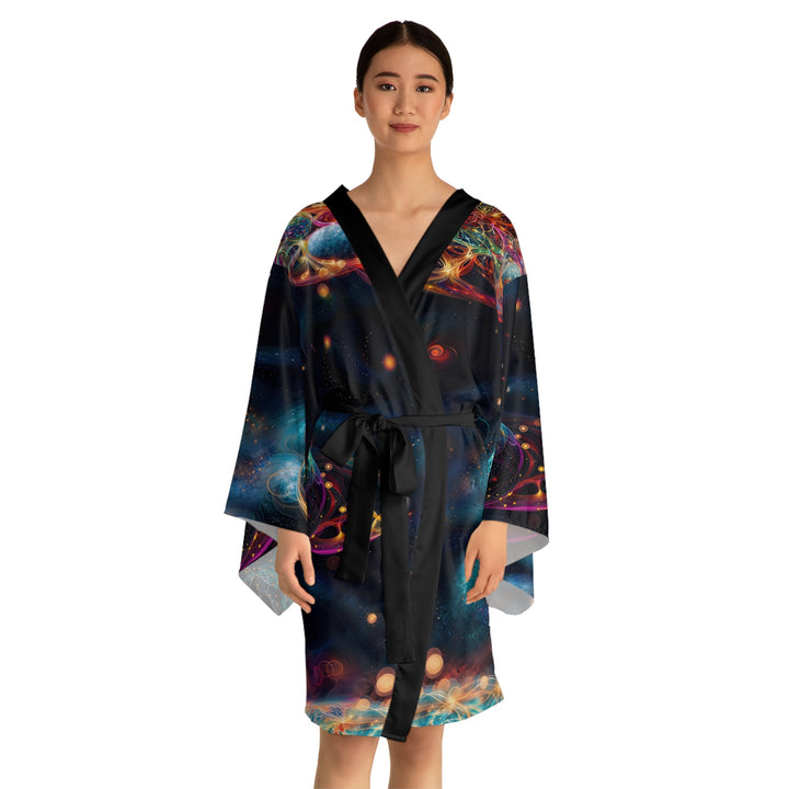 Cosmic Vibrant Tapestry - Long Sleeve Kimono Robe - All Over Prints - g(0D·IO) - XS - Black -