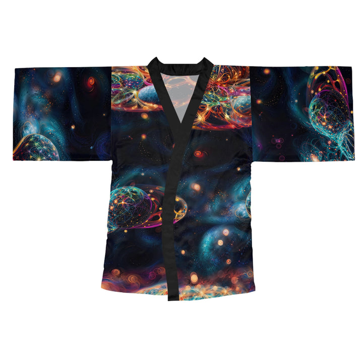 Cosmic Vibrant Tapestry - Long Sleeve Kimono Robe - All Over Prints - g(0D·IO) - XS - Black -