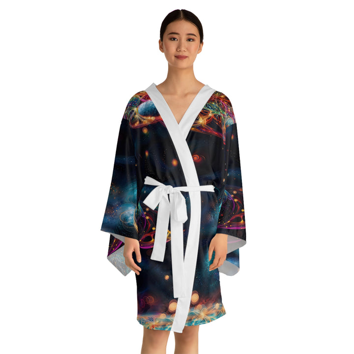 Cosmic Vibrant Tapestry - Long Sleeve Kimono Robe - All Over Prints - g(0D·IO) - XS - Black -