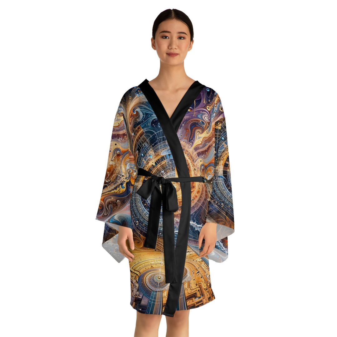 Cosmic Vortex Harmony - Long Sleeve Kimono Robe - All Over Prints - g(0D·IO) - XS - Black -